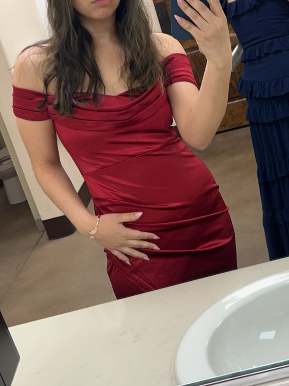 Windsor Off-Shoulder Red Satin Midi Dress